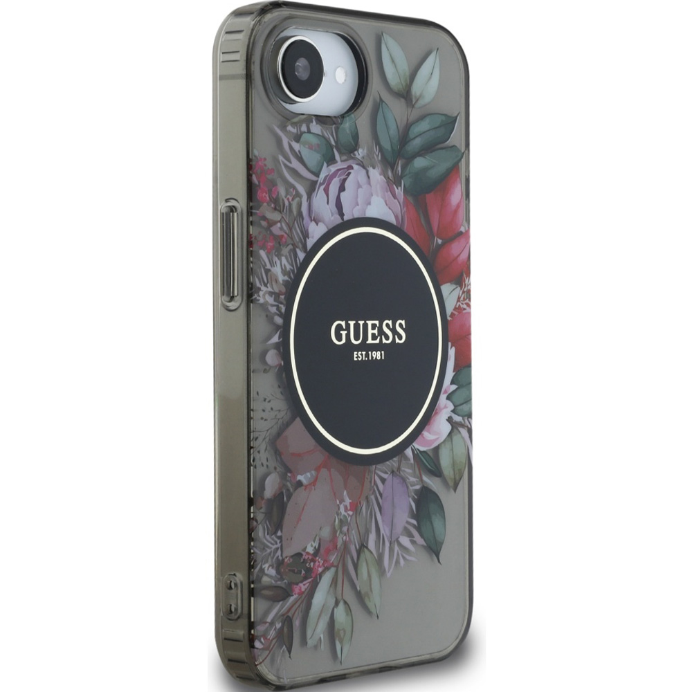 Etui Guess IML Flowers MagSafe do iPhone 16e, czarno-przezroczyste